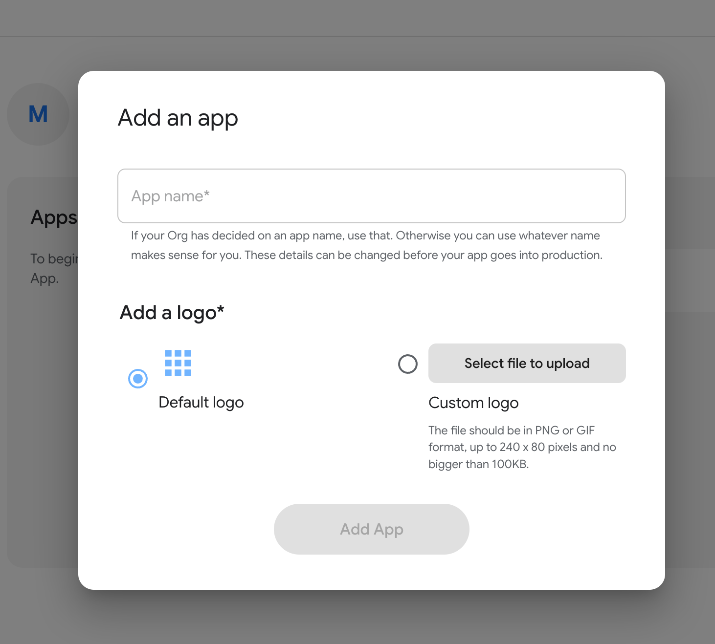 Admin App - New app